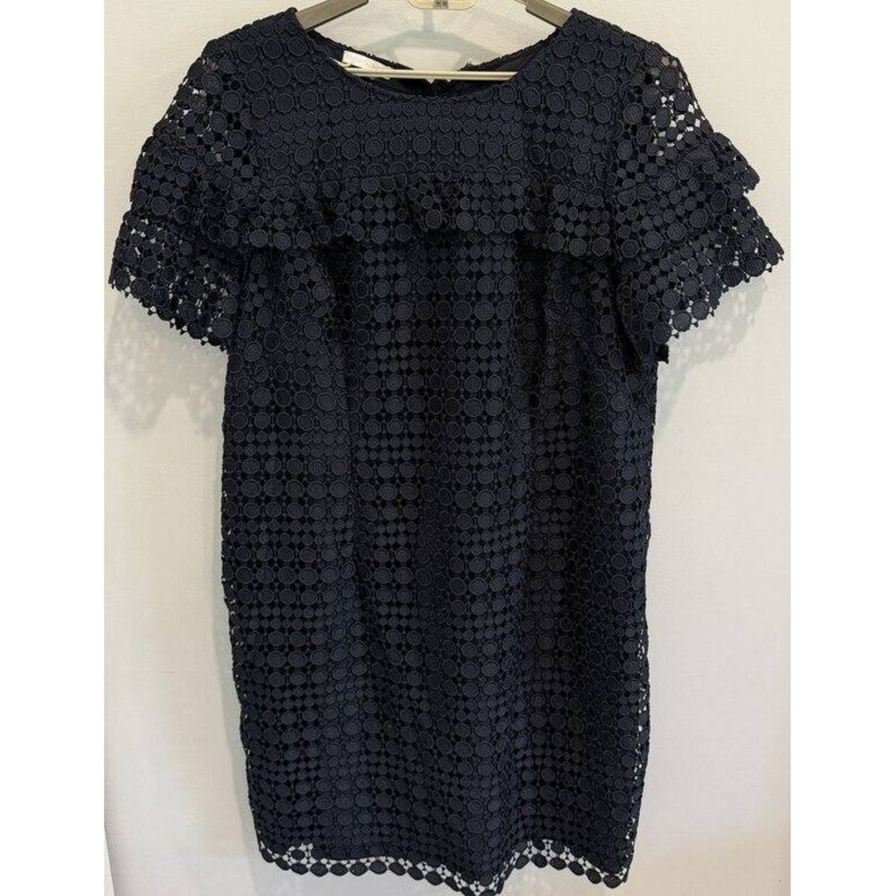 RSVP Talbots Navy Broderie Lace Sheath Dress Bow Back Navy Short Tiered Slv 16W